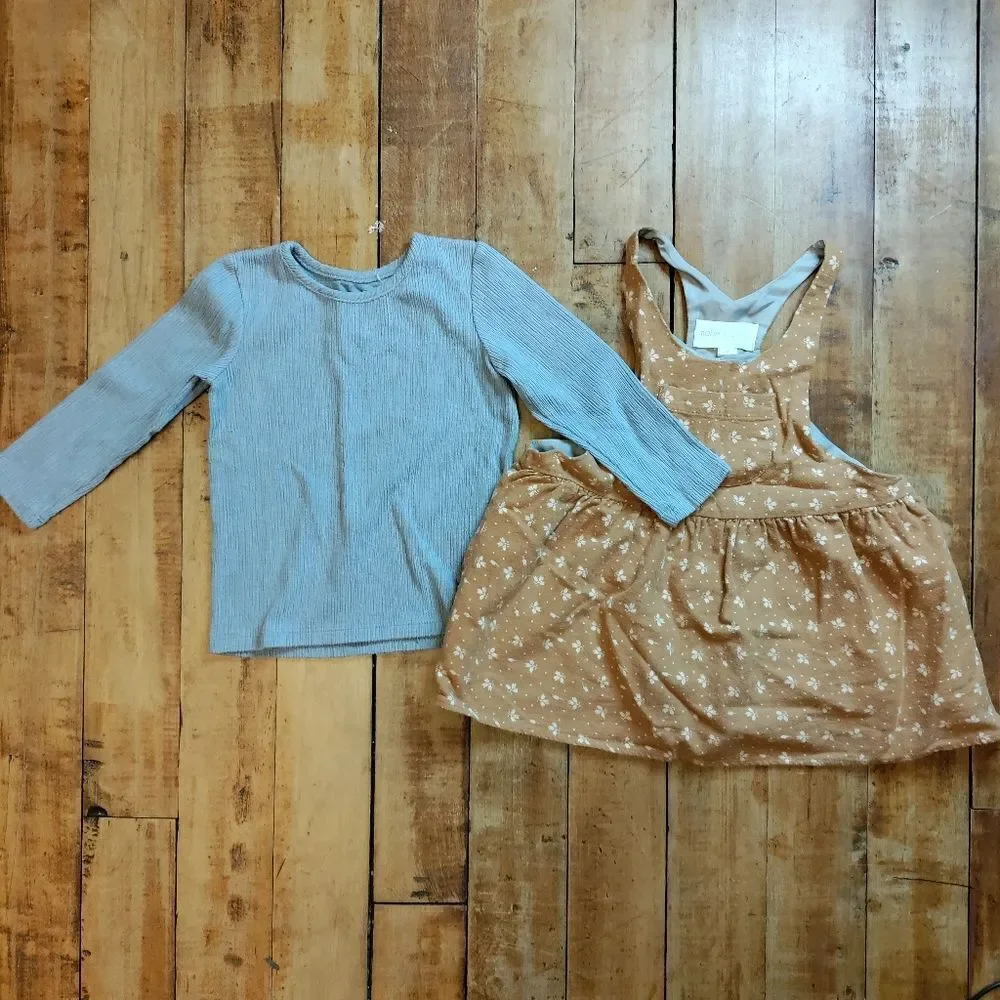Mabel + Honey outfit 2T jumper dress long sleeve shirt blue neutral boho tan